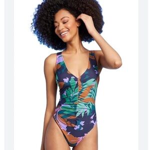 Purple and Green One-Piece Swimsuit with Plunging V-Neckline